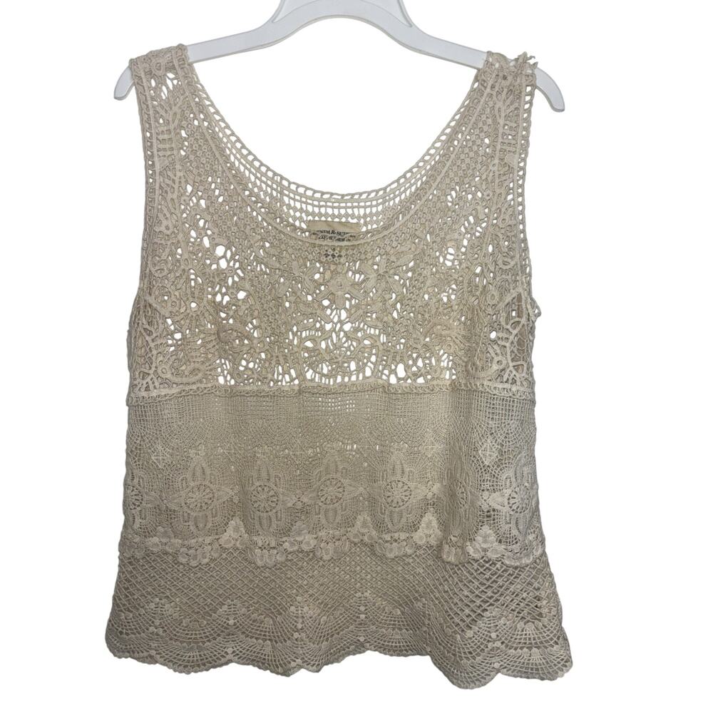 Denim & Supply Ralph Lauren Ivory Crochet Boho Sheer Tiered Tank Large Western